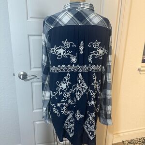 Navy and White Embroidered Plaid Blouse